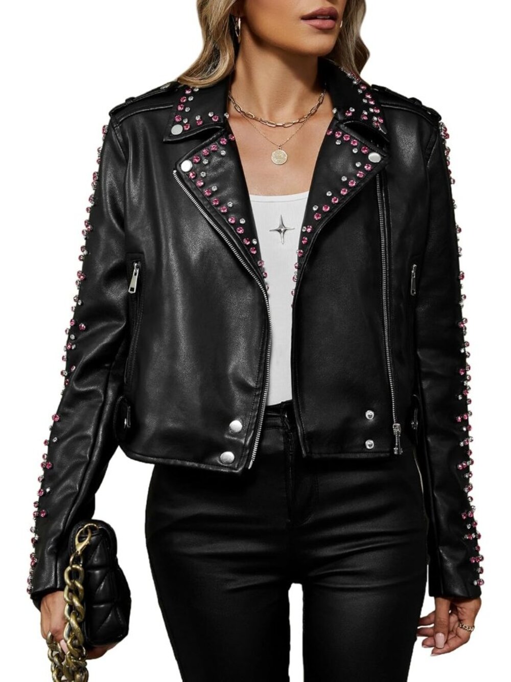 Women's Black Faux Leather Moto Studded Rivet Casual Jacket With Zipper Pockets